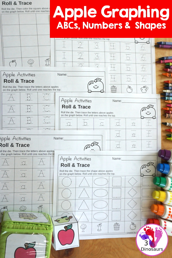 Apple Roll & Graph With Trace Letters, Numbers & Shapes with a folding die and cube die with a graphing sheet, graphing with tracing numbers, graphing with tracing letters and graphing with tracing shapes. All with a fun apple theme for fall for prek and kindergarten - 3Dinosaurs.com