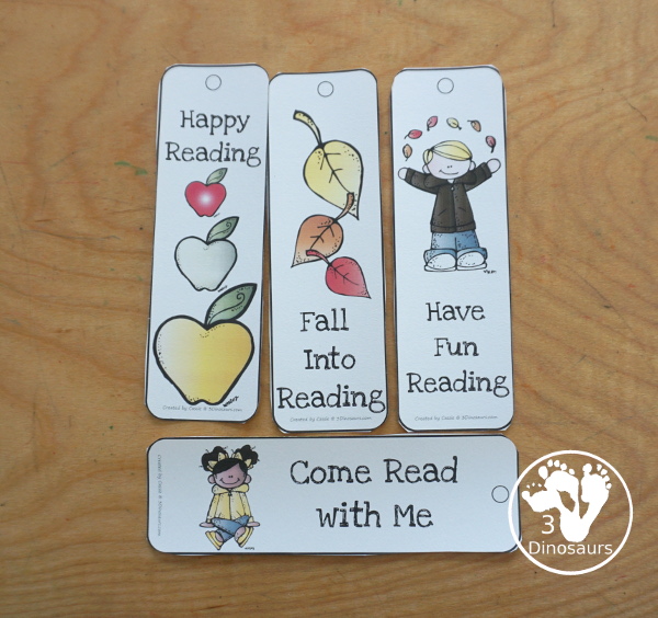Free Fall Bookmarks for Kids - with 12 bookmarks to use for fall with apples, leaves, pumpkins and Halloween - 3Dinosaurs.com