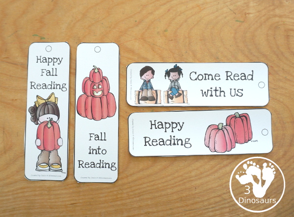 Free Fall Bookmarks for Kids - with 12 bookmarks to use for fall with apples, leaves, pumpkins and Halloween - 3Dinosaurs.com