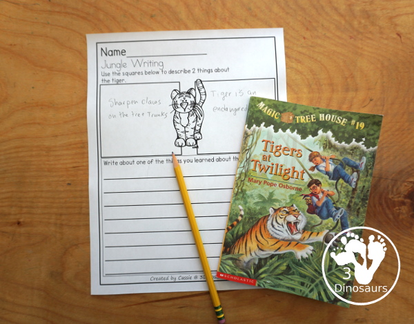 Free Jungle Writing with Tigers at Twilight - A fun writing activities with six different animals tigers, elephants, monkeys, rhinos,  snake, and peacock. You have fact writing and and sentence writing- 3Dinosaurs.com