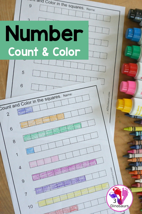 Free Number Count & Color Printables - 6 worksheets working counting from 1 to 10. With kids coloring the squares to match each of the numbers on the worksheet - 3Dinosaurs.com