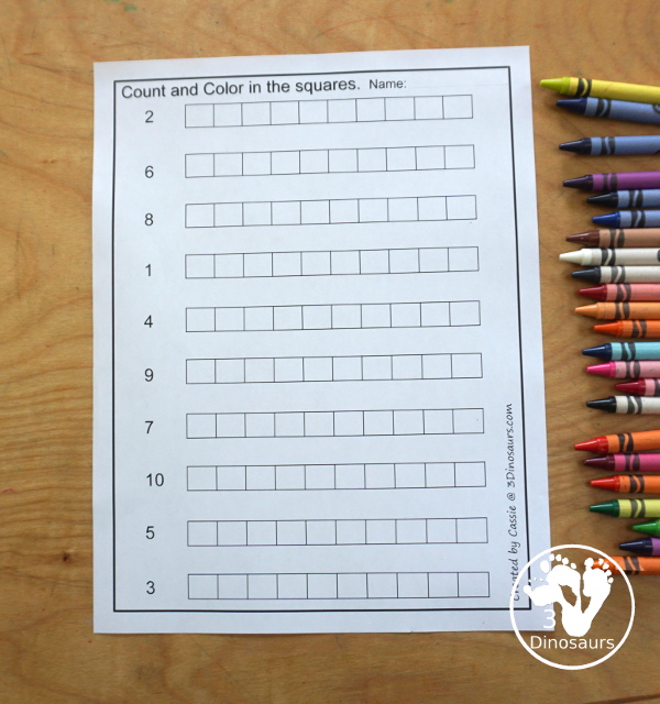 Free Number Count & Color Printables - 6 worksheets working counting from 1 to 10. With kids coloring the squares to match each of the numbers on the worksheet - 3Dinosaurs.com