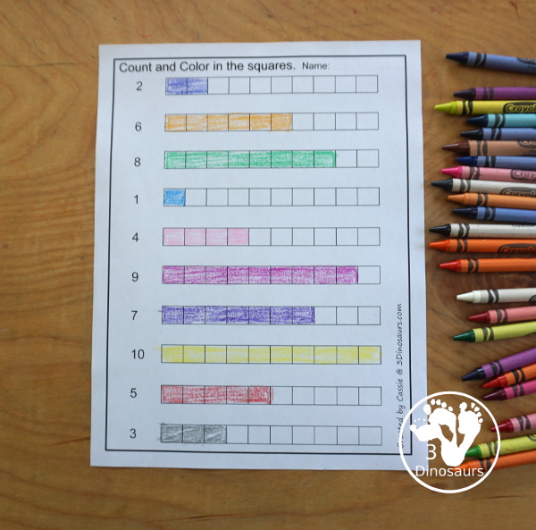 Free Number Count & Color Printables - 6 worksheets working counting from 1 to 10. With kids coloring the squares to match each of the numbers on the worksheet - 3Dinosaurs.com