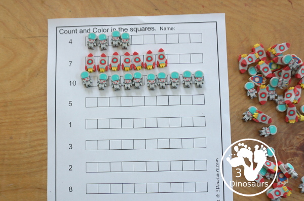 Free Number Count & Color Printables - 6 worksheets working counting from 1 to 10. With kids coloring the squares to match each of the numbers on the worksheet - 3Dinosaurs.com