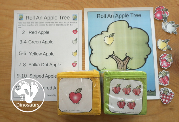 Free Roll an Apple Tree Printable - 3 Levels of learning: counting, addition, and multiplication - rolling math for  kids with apple tree theme with apple dice and recording sheet - 3Dinosaurs.com