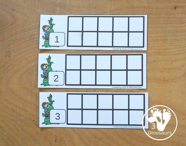 Free Bean Ten Frame Printables for Jack & the Beanstalk has numbers 1 to 10. You have two sets of ten frames cards. You have one with the ten frame filled out and one with the ten frame blank. - 3Dinosaurs.com