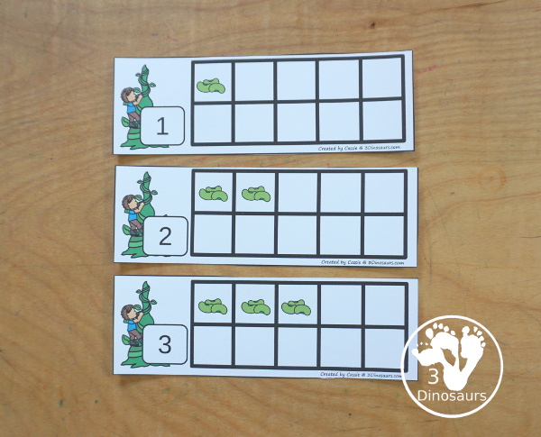 Free Bean Ten Frame Printables for Jack & the Beanstalk has numbers 1 to 10. You have two sets of ten frames cards. You have one with the ten frame filled out and one with the ten frame blank. - 3Dinosaurs.com