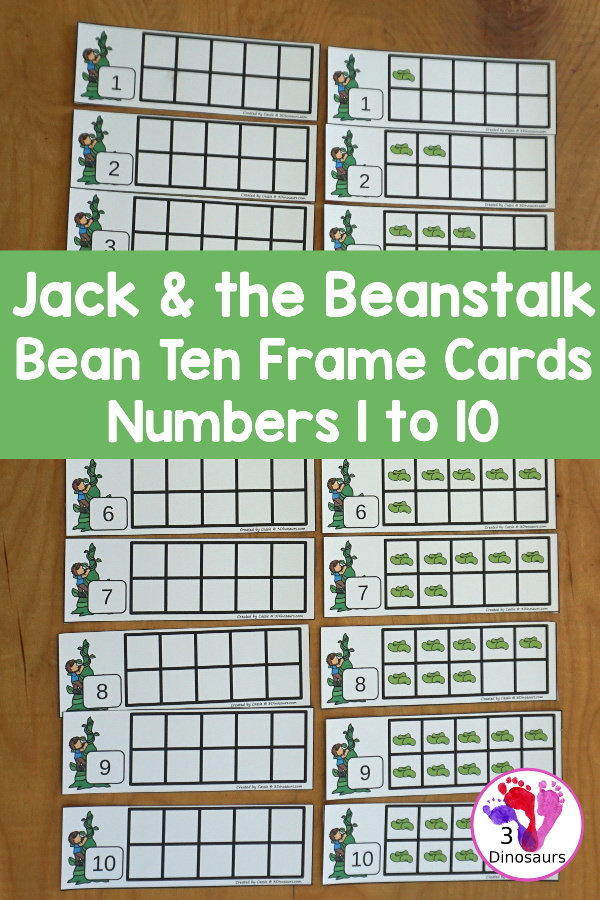 Free Bean Ten Frame Printables for Jack & the Beanstalk has numbers 1 to 10. You have two sets of ten frames cards. You have one with the ten frame filled out and one with the ten frame blank. - 3Dinosaurs.com