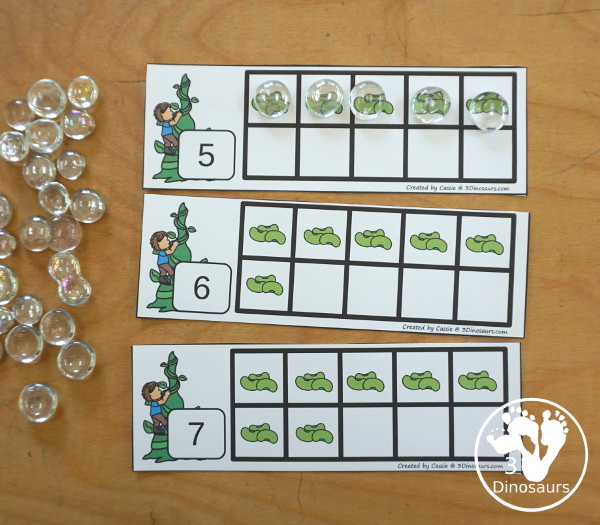 Free Bean Ten Frame Printables for Jack & the Beanstalk has numbers 1 to 10. You have two sets of ten frames cards. You have one with the ten frame filled out and one with the ten frame blank. - 3Dinosaurs.com