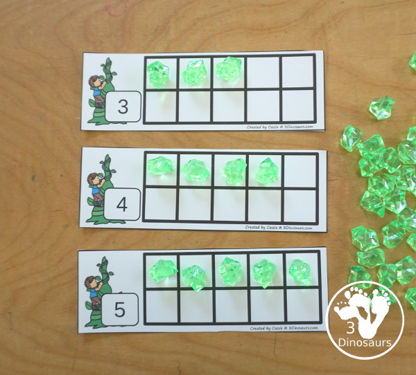 Free Bean Ten Frame Printables for Jack & the Beanstalk has numbers 1 to 10. You have two sets of ten frames cards. You have one with the ten frame filled out and one with the ten frame blank. - 3Dinosaurs.com