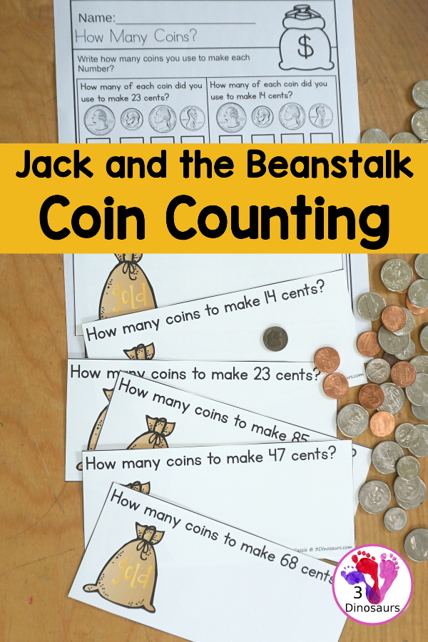 Free Jack and the Beanstalk Counting Coins Printable - has 6 task cards for counting coins up to a number and then a recording worksheet. This can be used with Jack and the Beanstalk and without it. - 3Dinosaurs.com