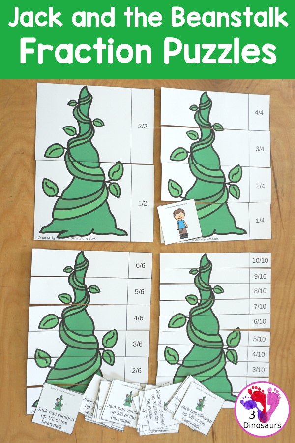 Free Beanstalk Fractions with Building Cards - You have fraction puzzles for 2, 3, 4, 5, 6, 8, and 10. You have building cards to use with the puzzles and puzzle building mat. A fun activity to make fractions and compare fractions.- 3Dinosaurs.com