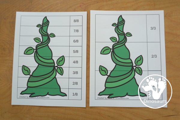 Free Beanstalk Fractions with Building Cards - You have fraction puzzles for 2, 3, 4, 5, 6, 8, and 10. You have building cards to use with the puzzles and puzzle building mat. A fun activity to make fractions and compare fractions.- 3Dinosaurs.com