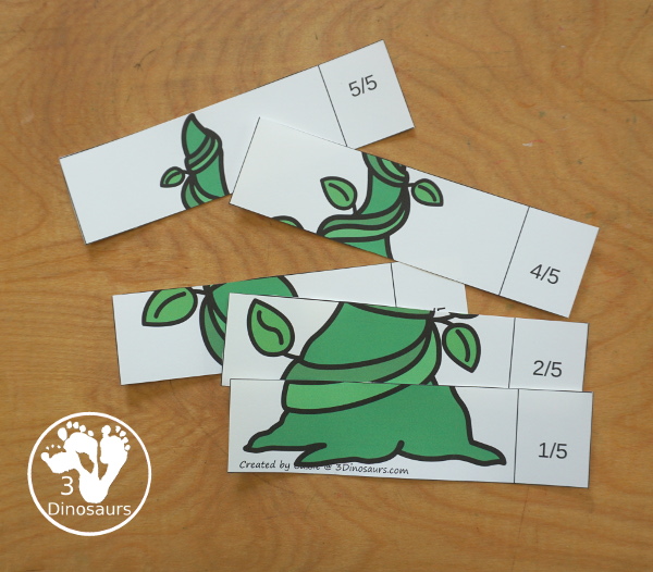 Free Beanstalk Fractions with Building Cards - You have fraction puzzles for 2, 3, 4, 5, 6, 8, and 10. You have building cards to use with the puzzles and puzzle building mat. A fun activity to make fractions and compare fractions.- 3Dinosaurs.com