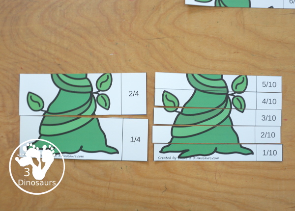 Free Beanstalk Fractions with Building Cards - You have fraction puzzles for 2, 3, 4, 5, 6, 8, and 10. You have building cards to use with the puzzles and puzzle building mat. A fun activity to make fractions and compare fractions.- 3Dinosaurs.com