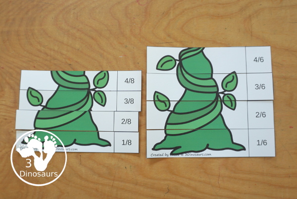 Free Beanstalk Fractions with Building Cards - You have fraction puzzles for 2, 3, 4, 5, 6, 8, and 10. You have building cards to use with the puzzles and puzzle building mat. A fun activity to make fractions and compare fractions.- 3Dinosaurs.com