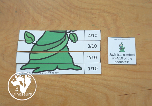 Free Beanstalk Fractions with Building Cards - You have fraction puzzles for 2, 3, 4, 5, 6, 8, and 10. You have building cards to use with the puzzles and puzzle building mat. A fun activity to make fractions and compare fractions.- 3Dinosaurs.com