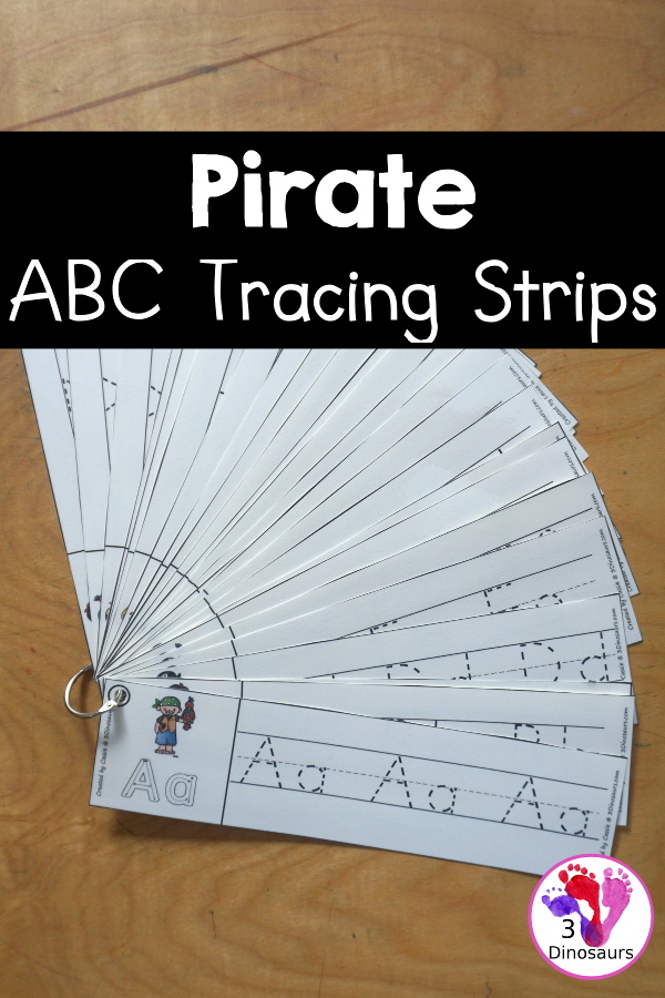 Free Pirate ABC Tracing Strips - with uppercase and lowercase together. You have fun kids with a Pirate- plus you can see an example of how to trace the letters - 3Dinosaurs.com