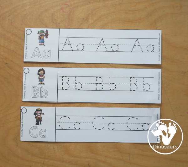 Free Pirate ABC Tracing Strips - with uppercase and lowercase together. You have fun kids with a Pirate- plus you can see an example of how to trace the letters - 3Dinosaurs.com