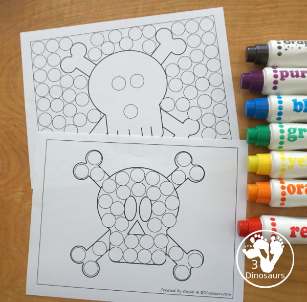 Free Pirate Flag Fine Motor Mat Printables - you have 6 fine motor mats with a pirate flag. You have two tracing pirate flag printables, two pirate flag template printables, and two pirate flag dot markers printables. 3Dinosaurs.com