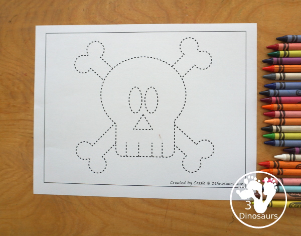 Free Pirate Flag Fine Motor Mat Printables - you have 6 fine motor mats with a pirate flag. You have two tracing pirate flag printables, two pirate flag template printables, and two pirate flag dot markers printables. 3Dinosaurs.com