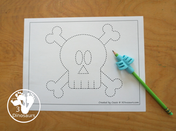 Free Pirate Flag Fine Motor Mat Printables - you have 6 fine motor mats with a pirate flag. You have two tracing pirate flag printables, two pirate flag template printables, and two pirate flag dot markers printables. 3Dinosaurs.com