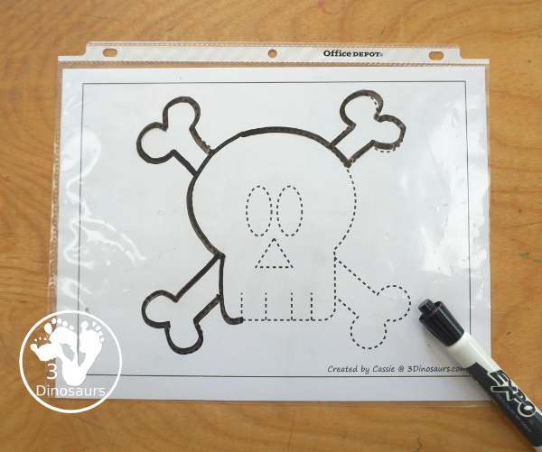 Free Pirate Flag Fine Motor Mat Printables - you have 6 fine motor mats with a pirate flag. You have two tracing pirate flag printables, two pirate flag template printables, and two pirate flag dot markers printables. 3Dinosaurs.com