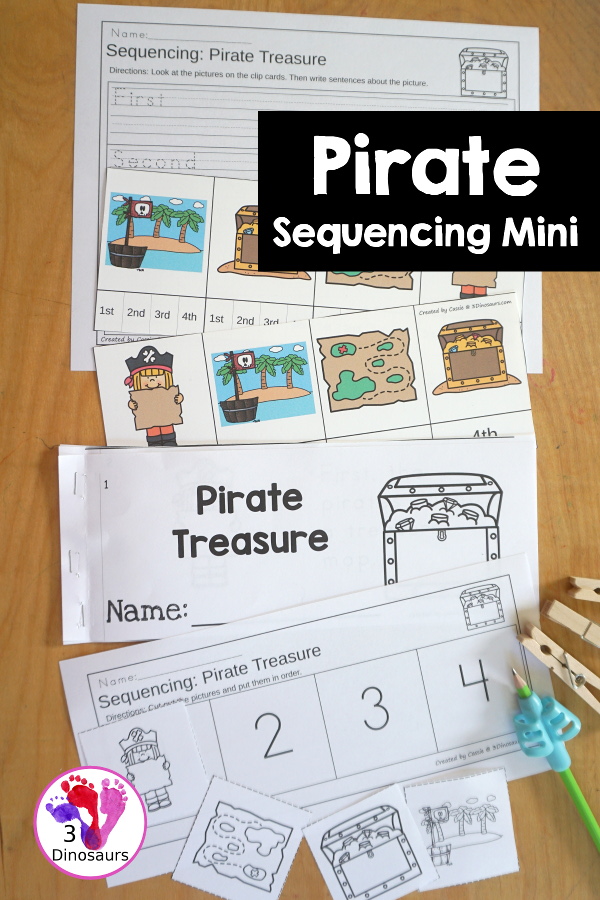 Free Pirate Sequencing Mini Printable - with clip cards, order cards, writing, cut and paste and easy reader book - 3Dinosaurs.com