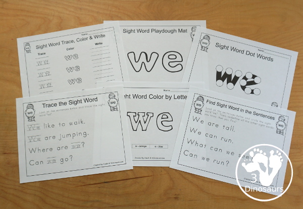 Free Romping & Roaring Preprimer Sight Words: We, Where, Yellow, You - you have 6 pages for each sight word that work on learning the sight word different ways with reading, writing, and finding. 3Dinosaurs.com