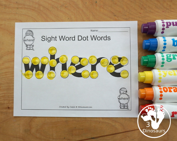 Free Romping & Roaring Preprimer Sight Words: We, Where, Yellow, You - you have 6 pages for each sight word that work on learning the sight word different ways with reading, writing, and finding. 3Dinosaurs.com