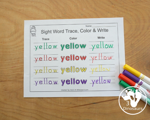 Free Romping & Roaring Preprimer Sight Words: We, Where, Yellow, You - you have 6 pages for each sight word that work on learning the sight word different ways with reading, writing, and finding. 3Dinosaurs.com