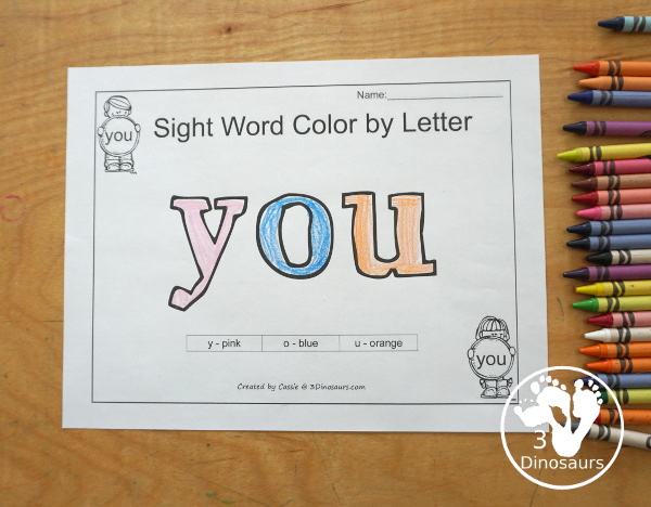 Free Romping & Roaring Preprimer Sight Words: We, Where, Yellow, You - you have 6 pages for each sight word that work on learning the sight word different ways with reading, writing, and finding. 3Dinosaurs.com