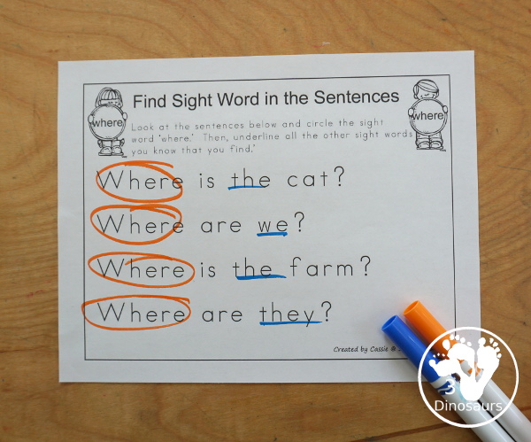 Free Romping & Roaring Preprimer Sight Words: We, Where, Yellow, You - you have 6 pages for each sight word that work on learning the sight word different ways with reading, writing, and finding. 3Dinosaurs.com