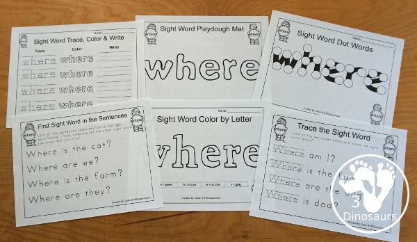 Free Romping & Roaring Preprimer Sight Words: We, Where, Yellow, You - you have 6 pages for each sight word that work on learning the sight word different ways with reading, writing, and finding. 3Dinosaurs.com