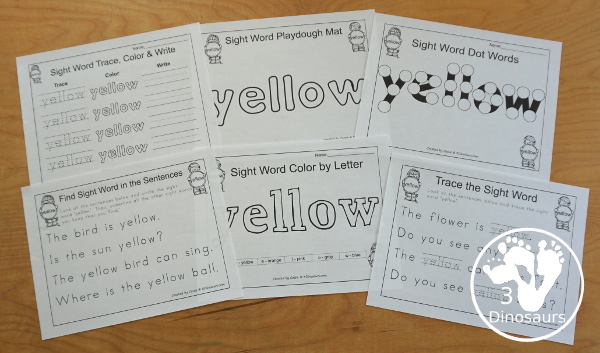 Free Romping & Roaring Preprimer Sight Words: We, Where, Yellow, You - you have 6 pages for each sight word that work on learning the sight word different ways with reading, writing, and finding. 3Dinosaurs.com