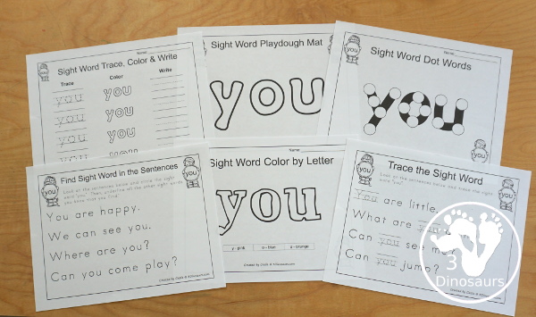 Free Romping & Roaring Preprimer Sight Words: We, Where, Yellow, You - you have 6 pages for each sight word that work on learning the sight word different ways with reading, writing, and finding. 3Dinosaurs.com