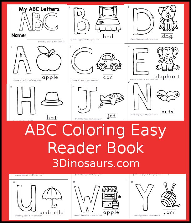 Free Alphabet Coloring Easy Reader Book Printable with all 26 letters of the alphabet with coloring the letter, coloring the picture and a word on each page for the picture - 3Dinosaurs.com