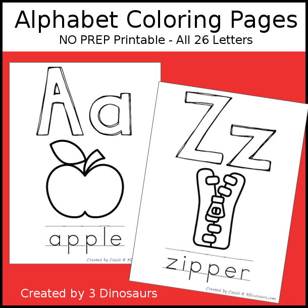 Alphabet Coloring Page Printable with all 26 letters of the alphabet with coloring the uppercase and lowercase letters, coloring the picture and a word on each page for the picture - 3Dinosaurs.com