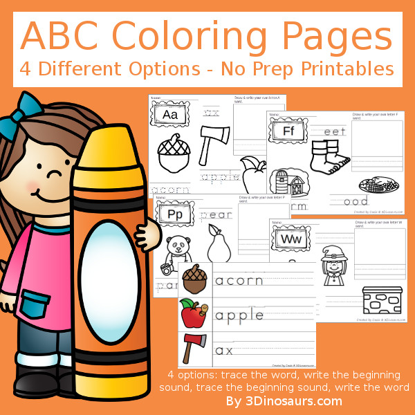 ABC Coloring Pages Selling Set - with 4 pages for coloring and tracing and pocket chart cards that match the coloring pages - 3Dinosaurs.com