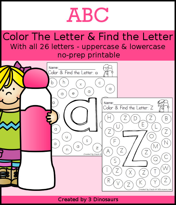 ABC Find the Letter & Color the Letter - 52 pages of printables with uppercase and lowercase options for color the letter in the center and find the letter around it  - 3Dinosaurs.com