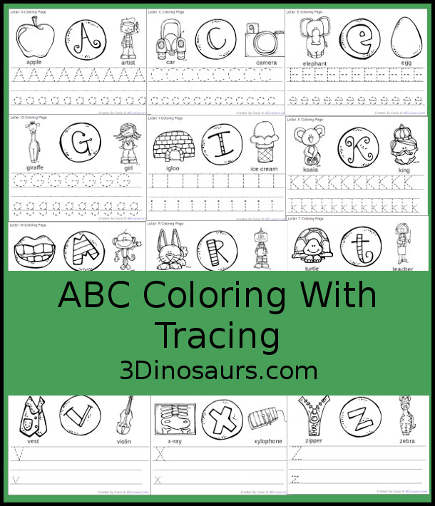 Free ABC Coloring and Tracing Printable - with tracing letters and trace and write letters options for the letter handwriting with uppercase letters and lowercase letters together - 3Dinosaurs.com