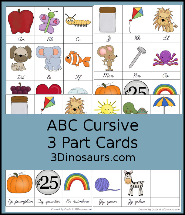 Free ABC Cursive 3 Part Cards - 3Dinosaurs.com