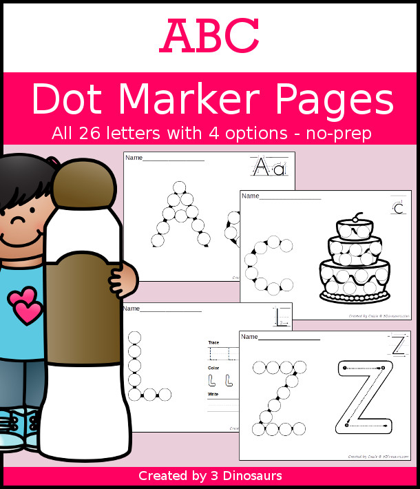 ABC Dot Marker Letter Set - A huge pack of ABC dot marker activities with tracing writing and more for each letter! A great way to work on the alphabet - 3Dinosaurs.com