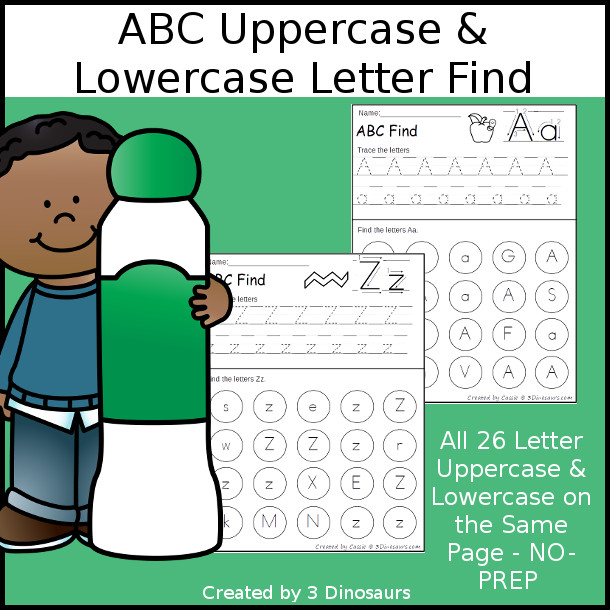 ABC Uppercase & Lowercase Letter Find Printable with tracing $ - 3Dinosaurs.com