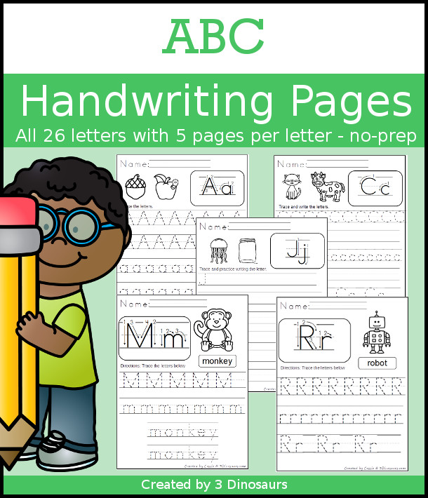 ABC Tracing & Handwriting Selling Set - it has 5 pages for each leter with different types of font sizes and fonts to trace - 3Dinosaurs.com