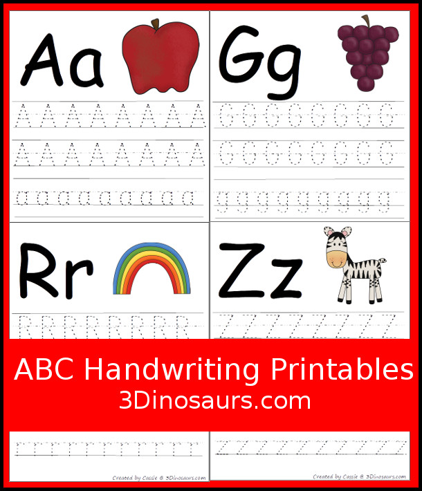 Free ABC Handwriting Printable - single abc tracing page with 26 pages in all - 3Dinosaurs.com