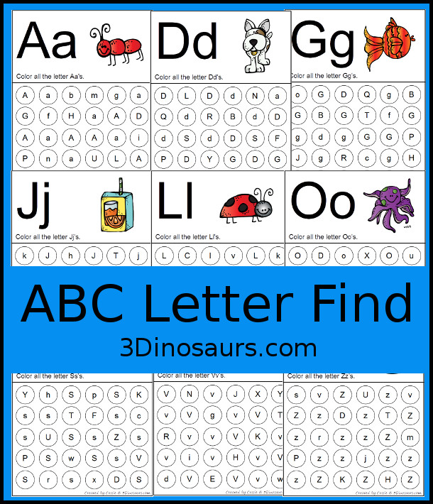 Free ABC Letter Find Printable - all 26 letters of the alphabet for dot markers of bingo daubers with uppercase and lowercase letters in the same find - 3Dinosaurs.com