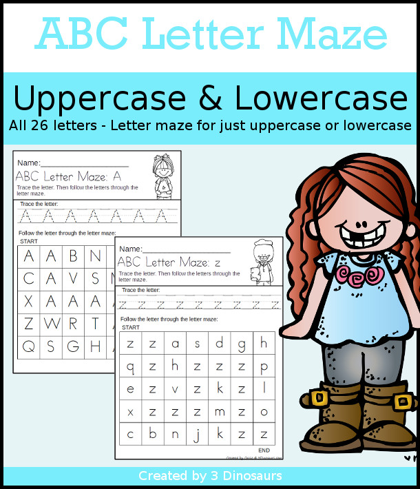 No-Prep ABC Letter Mazes - uppercase and lowercase options with tracing of the letter with a matching letter maze - 3Dinosaurs.com - 3Dinosaurs.com