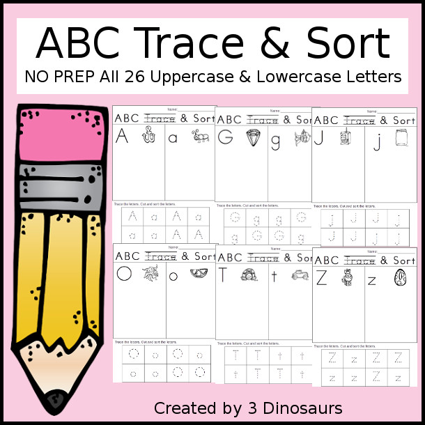 ABC Trace & Sort - works on tracing uppercase and lowercase letters and sorting them with all 26 letters of the alphabet - 3Dinosaurs.com