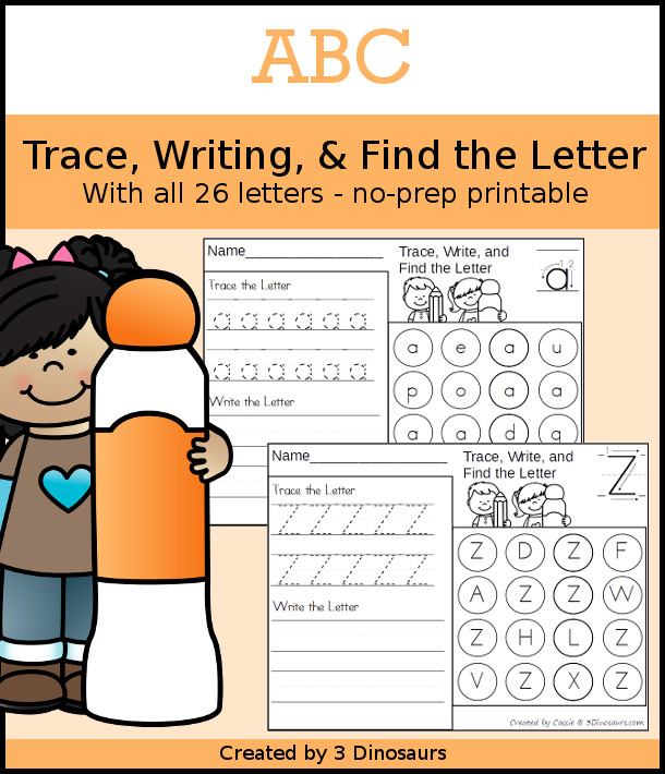 No-Prep ABC Trace, Write and Find the Letter - all 26 letters of the alphabet in uppercase only or lowercase only dot the letter and find the letter - 3Dinosaurs.com